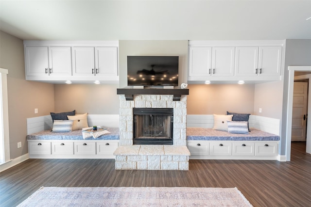 interior space with a stone fireplace and dark hardwood / wood-style floors