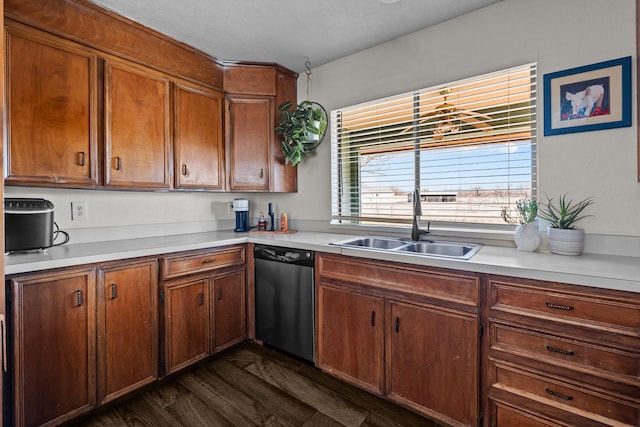 kitchen with sink, stainless steel dishwasher, and dark hardwood / wood-style floors