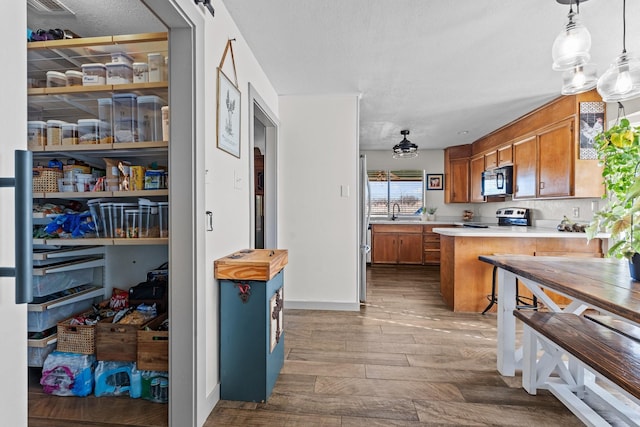 kitchen with hanging light fixtures, sink, stainless steel appliances, and kitchen peninsula