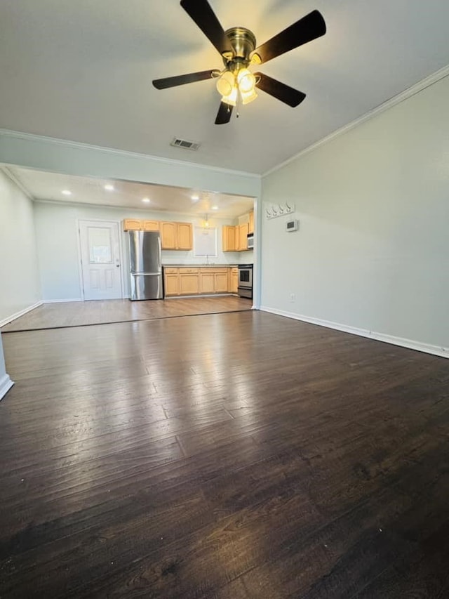 unfurnished living room featuring crown molding, dark wood-type flooring, and ceiling fan