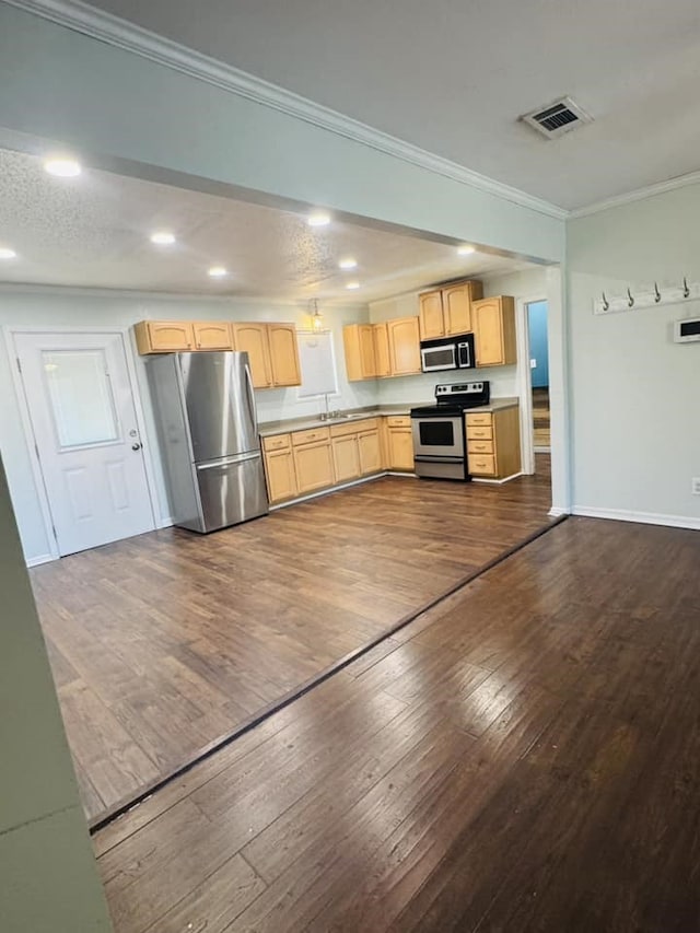 kitchen with stainless steel appliances, ornamental molding, dark hardwood / wood-style floors, and light brown cabinetry