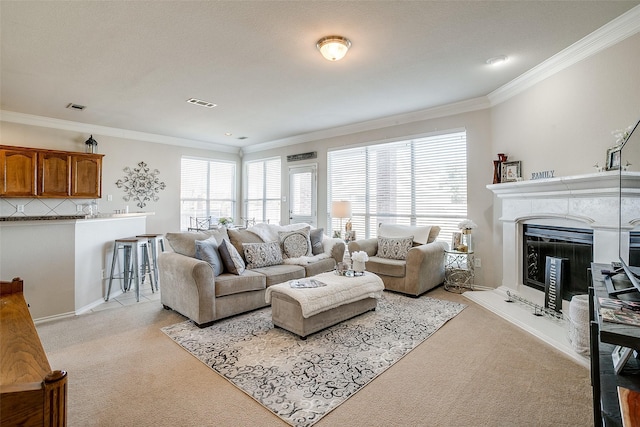 living room featuring light carpet and crown molding