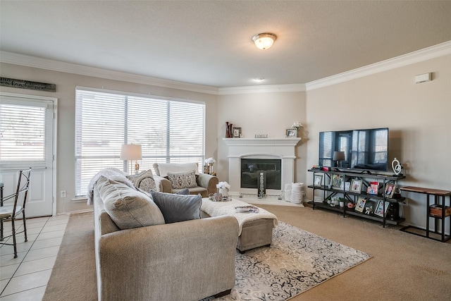 living room featuring crown molding and light tile patterned floors