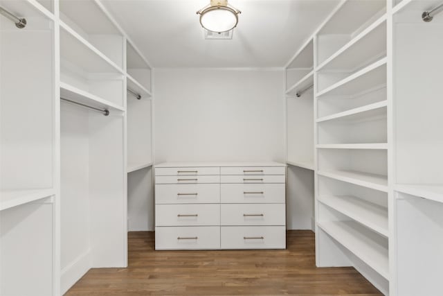 walk in closet with dark hardwood / wood-style floors