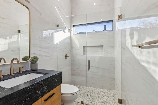 bathroom with vanity, an enclosed shower, and toilet