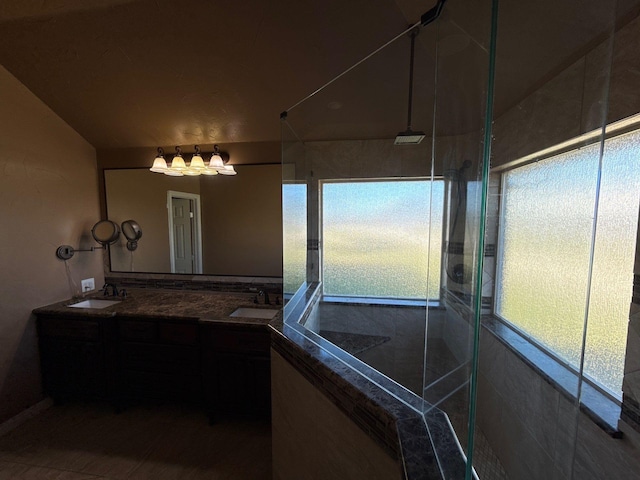 bathroom with a shower with door and vanity