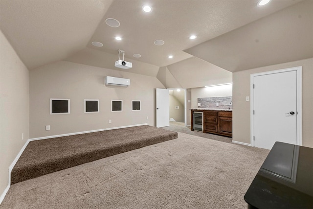 additional living space with bar, a wall unit AC, light carpet, and lofted ceiling