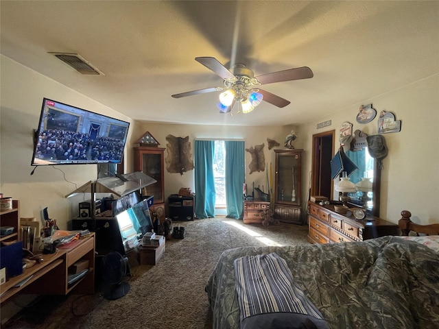 carpeted bedroom featuring ceiling fan