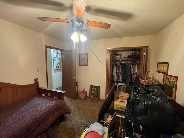 bedroom with ceiling fan, a closet, and carpet floors