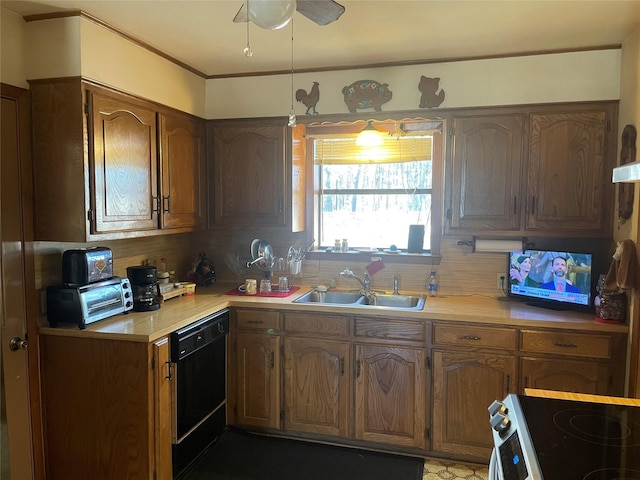 kitchen featuring black dishwasher, decorative backsplash, sink, ceiling fan, and electric stove