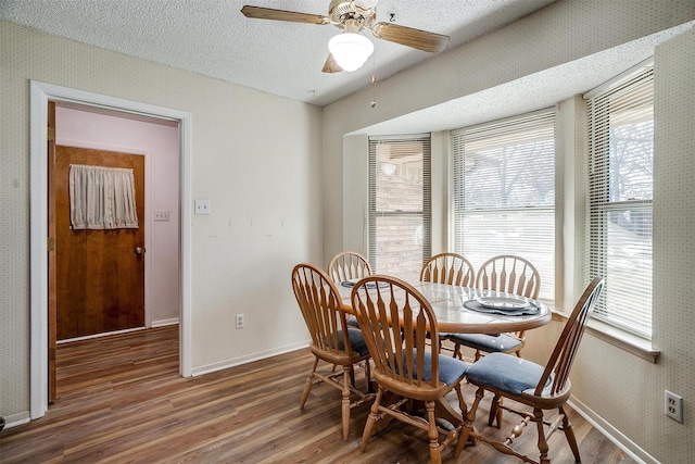 dining room featuring ceiling fan, hardwood / wood-style floors, and a textured ceiling