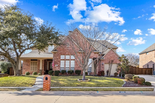 view of property featuring a garage and a front yard