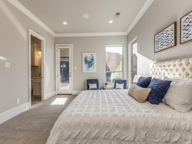 carpeted bedroom with access to exterior, ensuite bathroom, and ornamental molding