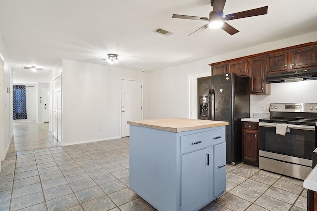 kitchen with stainless steel range with electric stovetop, a kitchen island, black fridge with ice dispenser, ceiling fan, and butcher block countertops