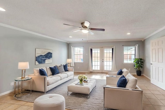 1721 Melrose St, Garland, TX 75042 - living area featuring healthy amount of natural light, crown molding, light tile patterned floors, recessed lighting, and a ceiling fan