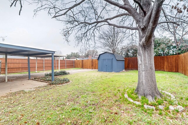 1721 Melrose St, Garland, TX 75042 - fenced backyard featuring a storage shed and a patio area