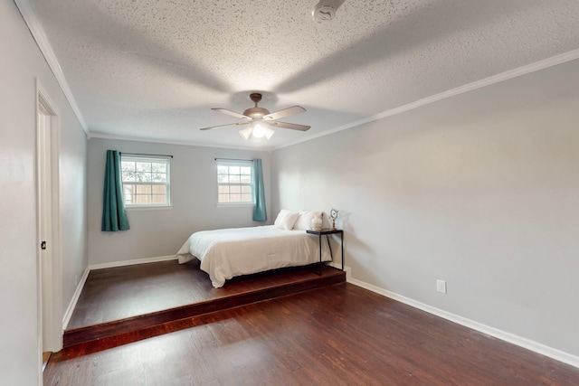 1721 Melrose St, Garland, TX 75042 - bedroom with ornamental molding, wood finished floors, a textured ceiling, and ceiling fan