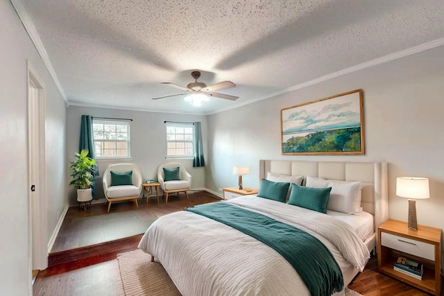 1721 Melrose St, Garland, TX 75042 - bedroom with crown molding, a textured ceiling, wood finished floors, and a ceiling fan