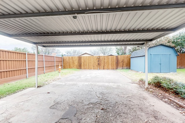 view of patio with a storage unit