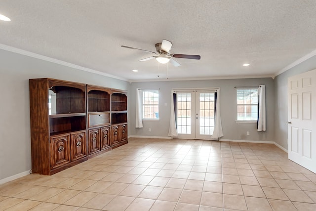 1721 Melrose St, Garland, TX 75042 - unfurnished living room featuring a ceiling fan, light tile patterned flooring, ornamental molding, french doors, and a textured ceiling