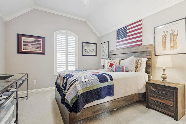 bedroom with light carpet, ornamental molding, ceiling fan, and lofted ceiling