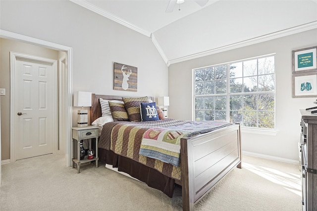 bedroom with ornamental molding, lofted ceiling, light carpet, and ceiling fan