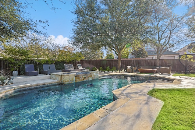 view of pool featuring an in ground hot tub, an outdoor living space, and a patio area