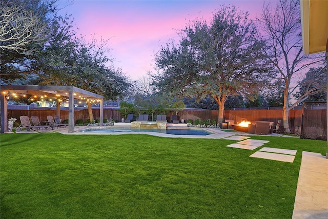 yard at dusk featuring a fenced in pool and a patio area