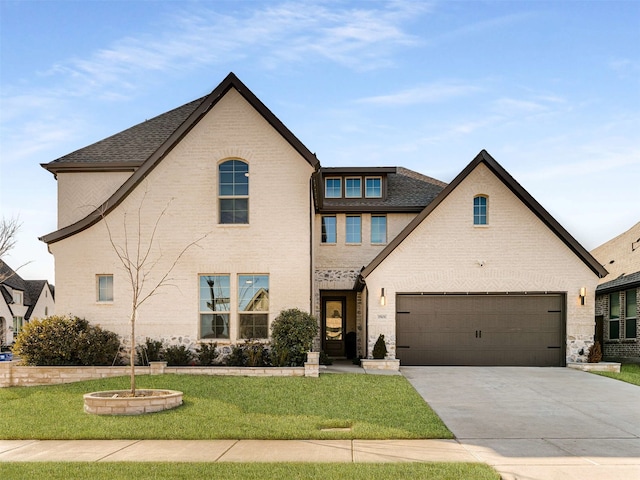 view of front of property featuring a garage and a front lawn