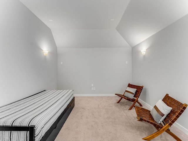 carpeted bedroom featuring lofted ceiling