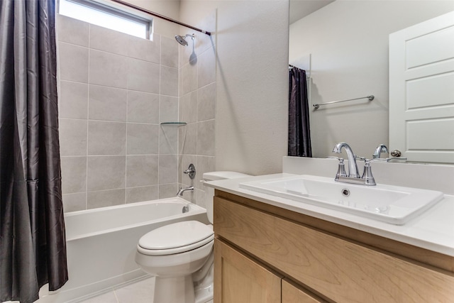 full bathroom with tile patterned flooring, vanity, shower / bathtub combination with curtain, and toilet