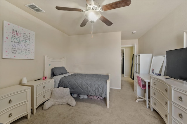 bedroom with light carpet and ceiling fan