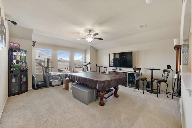 recreation room with ceiling fan, light colored carpet, and billiards