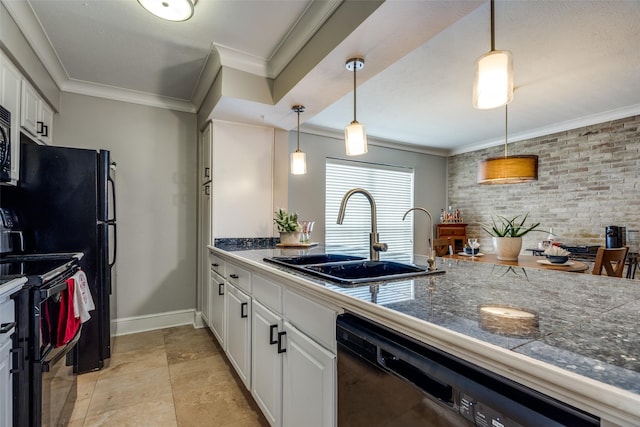 kitchen with sink, white cabinetry, crown molding, decorative light fixtures, and black appliances