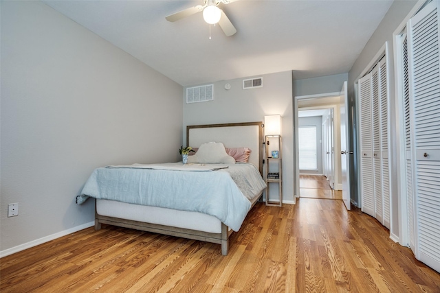 bedroom featuring ceiling fan and light hardwood / wood-style floors