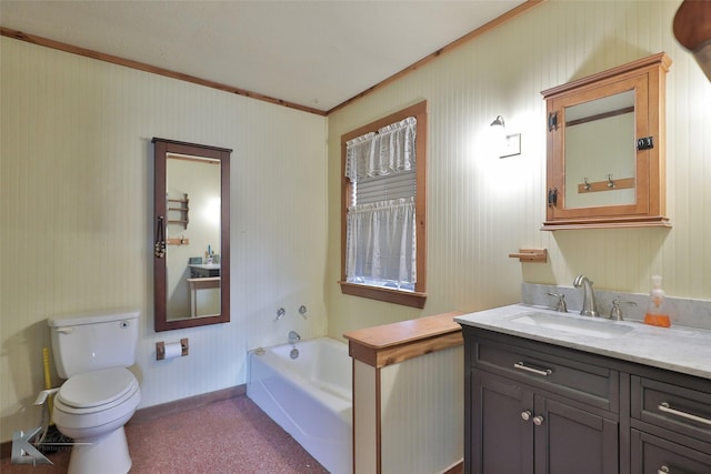 bathroom featuring vanity, a washtub, crown molding, and toilet