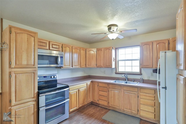 kitchen with ceiling fan, appliances with stainless steel finishes, sink, light wood-type flooring, and a textured ceiling