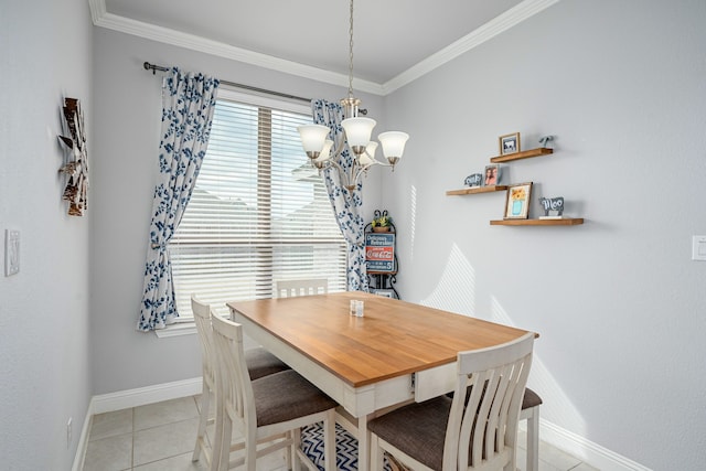 dining space with light tile patterned floors, crown molding, and an inviting chandelier