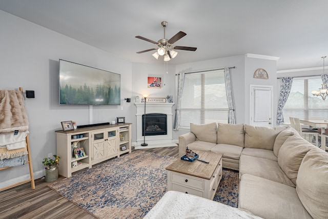 living room featuring dark wood-type flooring, ceiling fan with notable chandelier, and ornamental molding