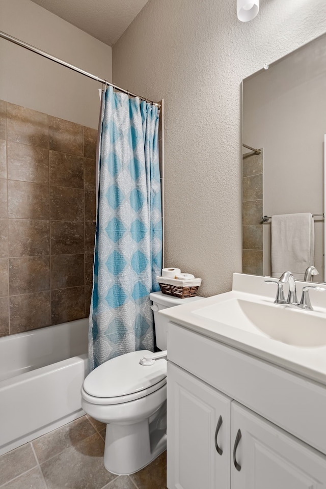 full bathroom with toilet, vanity, and shower / bath combination with curtain