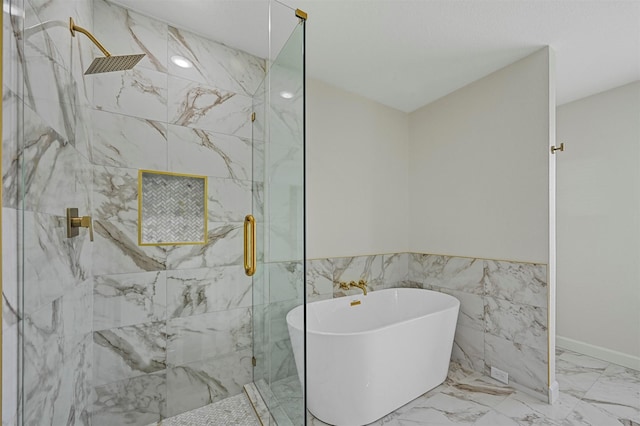 bathroom featuring tile walls and plus walk in shower