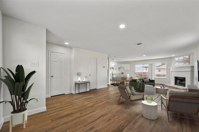 living room with a fireplace and dark hardwood / wood-style flooring