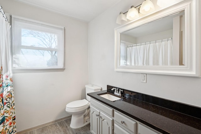 bathroom with vanity, wood-type flooring, and toilet