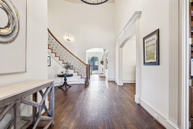 entrance foyer featuring a high ceiling and dark hardwood / wood-style flooring