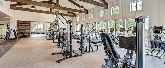 gym featuring high vaulted ceiling