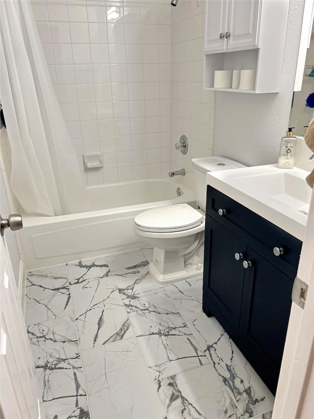 full bathroom featuring vanity, shower / bath combination with curtain, and toilet