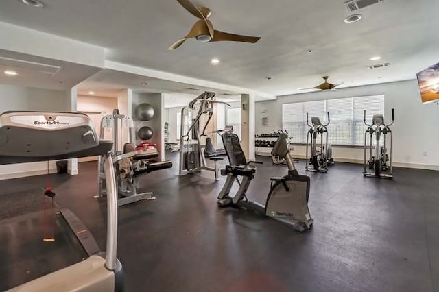 gym featuring ceiling fan