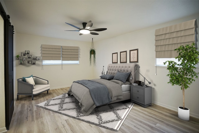 bedroom featuring ceiling fan and light wood-type flooring