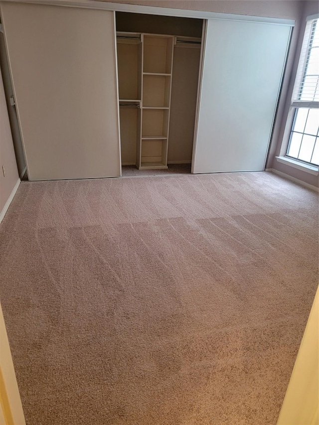 unfurnished bedroom featuring carpet flooring and a closet