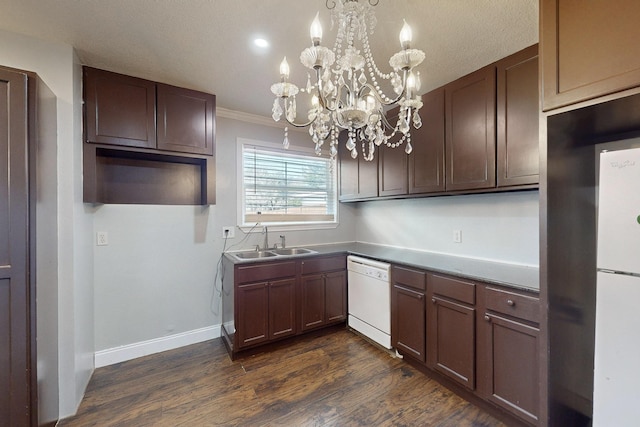 kitchen with dark brown cabinetry, sink, crown molding, dark hardwood / wood-style floors, and dishwasher